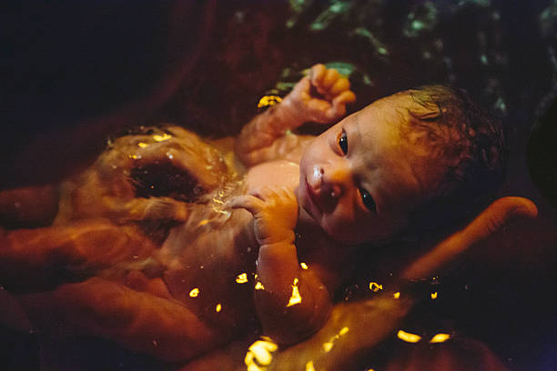 Newborn soaking in birthing pool "A newborn baby, with umbilical cord still attached, soaks in the water of the birthing pool, eyes gazing up at it's mother. Lowlight, late night home birth with midwives." childbirth stock pictures, royalty-free photos & images