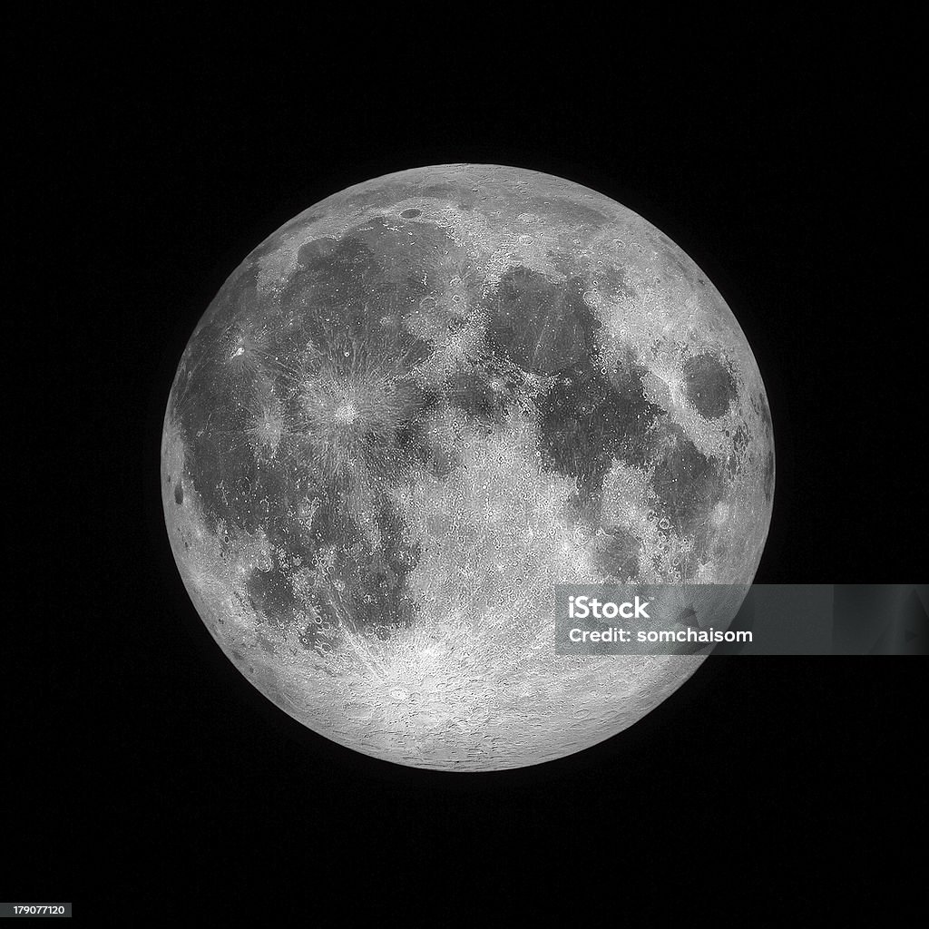 Close up of Full moon lunar on dark night sky, black space, black background Moon Stock Photo