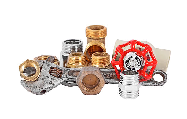 istock Plumbing pipe, valve and wrench 179077318
