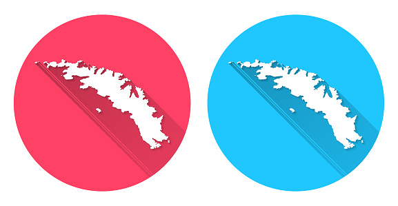 Map of South Georgia and The South Sandwich Islands with long shadow style on colored circle buttons. Two map versions included in the bundle: - One white map on a pink / red circle button. - One white map on a blue circle button. Vector Illustration (EPS file, well layered and grouped). Easy to edit, manipulate, resize or colorize. Vector and Jpeg file of different sizes.