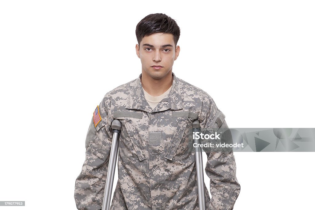 Portrait of a soldier with crutches Young American soldier with crutches Military Stock Photo