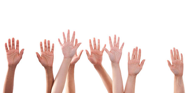 istock Many Hands raise high up on white background 179078592