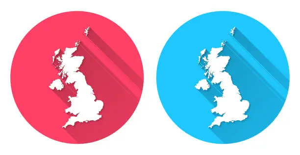 Vector illustration of United Kingdom map. Round icon with long shadow on red or blue background