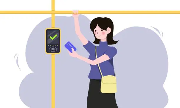 Vector illustration of Contactless payment service for ticket vector illustration. Cartoon female passenger holding credit card, woman paying in public transport. Safe cashless payment, digital system technology concept