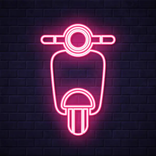 Vector illustration of Scooter motorcycle - front view. Glowing neon icon on brick wall background