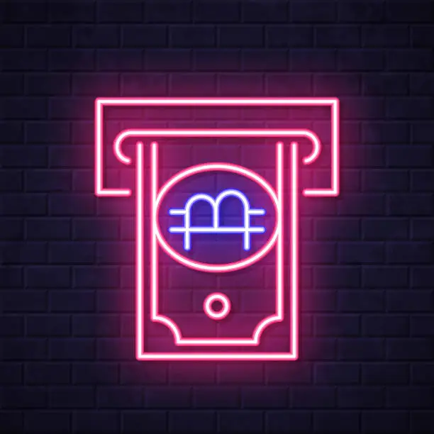 Vector illustration of Bitcoin withdrawal. Glowing neon icon on brick wall background