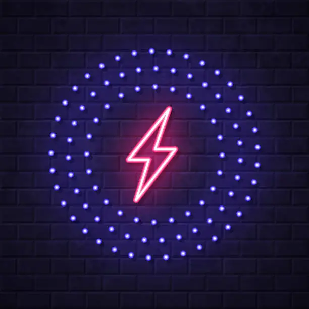 Vector illustration of Wireless charging. Glowing neon icon on brick wall background