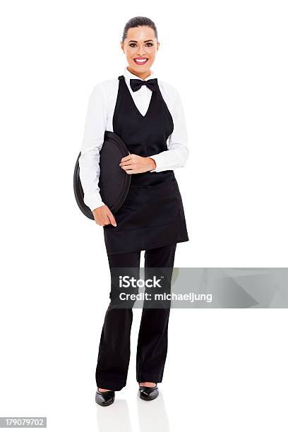 Friendly Waitress Holding Empty Tray Stock Photo - Download Image Now - Apron, Black Color, Cut Out