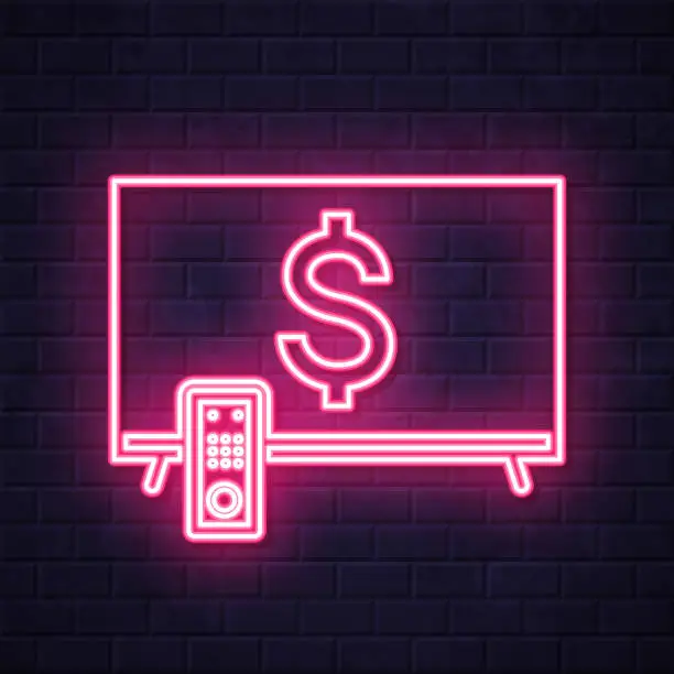 Vector illustration of TV with Dollar sign. Glowing neon icon on brick wall background