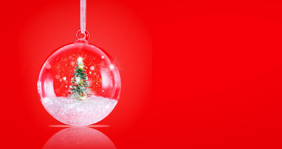 Christmas composition decor on a red background with space for text