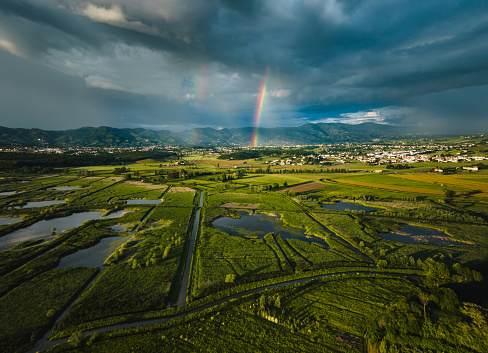 Mountain valley during sunrise. Natural summer landscape