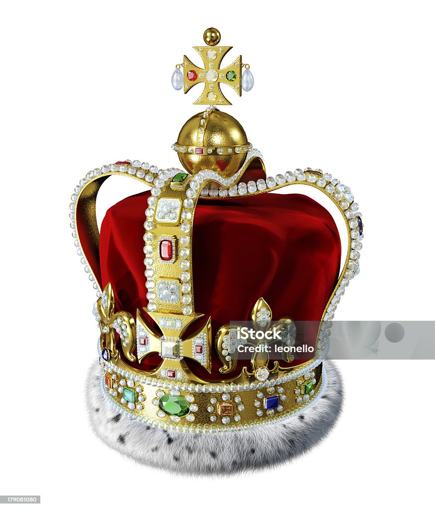 Royal gold crown, with many jewels and decorations, isolated. "Royal gold crown, with many jewels, decorations and ermine fur, isolated at white background. Clipping path included." Crown - Headwear Stock Photo