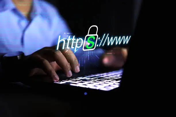 Website developer pointing on security https www domain type for secure to increase security level. Encrypted communication protocol using Asymmetric Algorithm