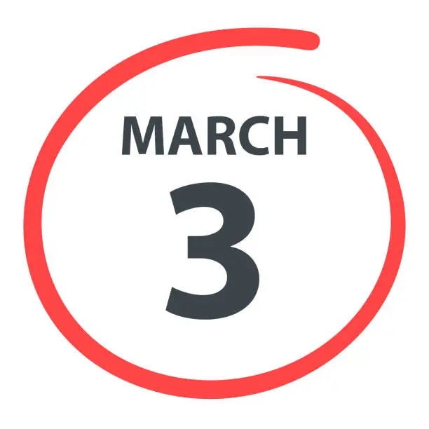 Vector illustration of March 3 - Date circled in red on white background