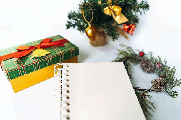 istock open notepad with blank sheet for wish list text. decorated christmas tree on background 1790814508