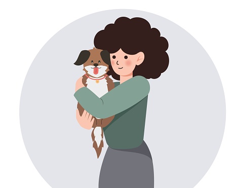 woman hugs her dog with love, the concept of the relationship between people and their pets, adopt, shelter. Woman holding dog. Cartoon vector illustration..
