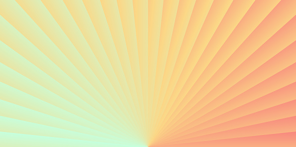 Modern and trendy background. Abstract design with lots of lines and a beautiful color circular gradient, looking like light rays or sunbeams. This illustration can be used for your design, with space for your text (colors used: Green, Beige, Yellow, Orange, Red, Pink). Vector Illustration (EPS file, well layered and grouped), wide format (2:1). Easy to edit, manipulate, resize or colorize. Vector and Jpeg file of different sizes.