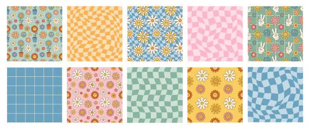 Vector illustration of Retro psychedelic set 60s 70s vector seamless patterns, groovy hippie style background. Cartoon print with flowers, checkerboard
