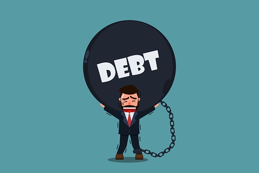 A businessman carrying a huge debt burden makes him tremble. Debt that exceeds your own status. Carrying a great burden. The concept of business debt. Vector illustration