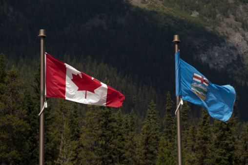 Flags of Alberta, Canada flutter in the wind.