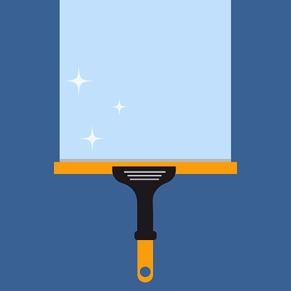 Window cleaning. Glass scraper glides over the glass, making it clean. Window cleaning service concept. Vector illustration in flat style