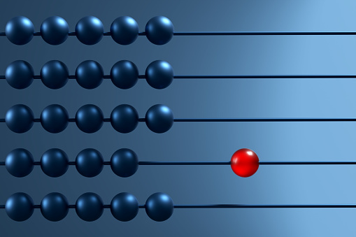 Red bead stand out from the blue beads on an abacus. Mathematics, calculation, finance and business, leadership or individuality concepts. 3D render.