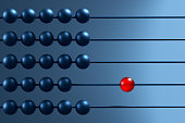 Red bead stand out from the blue beads on an abacus.