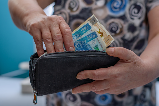 An old lady takes out money from her wallet, Polish cash closeup