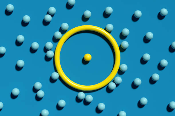 Social isolation, exclusion, protection or defense concepts. One yellow ball in a yellow ring surrounded by blue balls outside of the ring. 3D render.