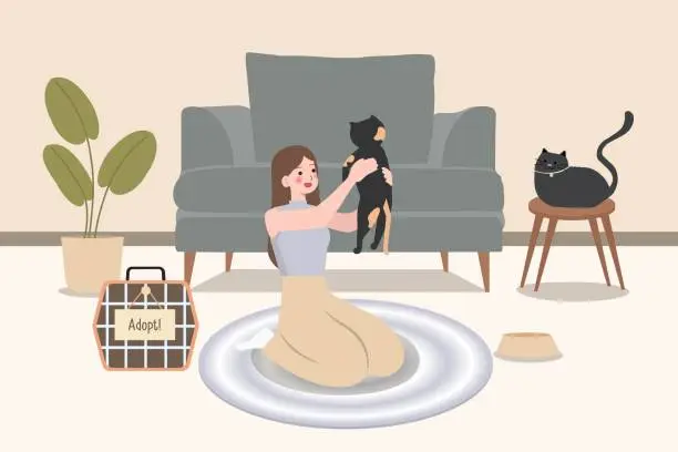 Vector illustration of Happily cuddling beloved cat, Experiencing joy and comfort of pet ownership, Pet Adoption concept. Cartoon Vector Illustration