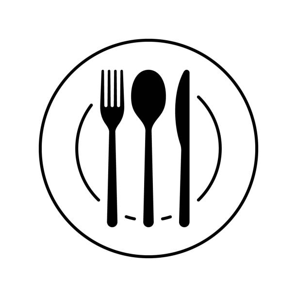 ilustraciones, imágenes clip art, dibujos animados e iconos de stock de plato para cubiertos, tenedor, cuchara y cuchillo para icono de comida. plato. cartel de vajilla para menú cafetería o restaurante. vector - plate hungry fork dinner