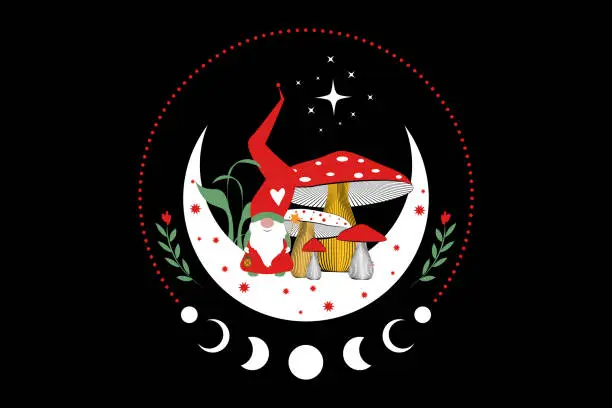 Vector illustration of Magic Gnome in the mystical woods of mushrooms on crescent moon and stars. Christmas concept symbol, witchy esoteric fungus and moon phases. Magical Garden troll fairy tale character. Vector isolated