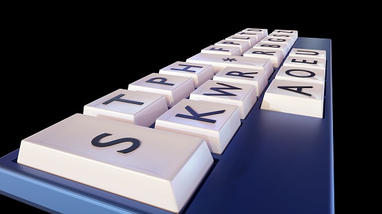 Close-up 3D rendering of a stenotype keyboard, also known as a shorthand keyboard, stenograph, or steno writer keyboard