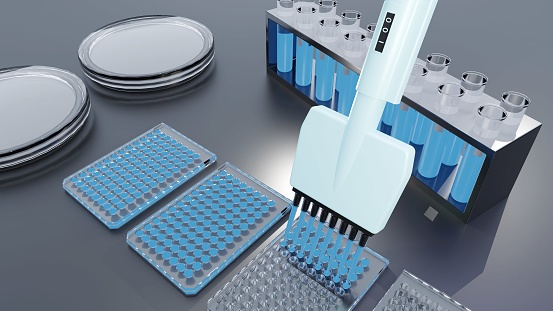 ELISA, or enzyme-linked immunosorbent assay, is used in scientific research batch 3D rendering.