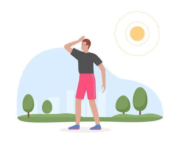 Vector illustration of Man walking through summer park in hot sunny weather, suffering from heat