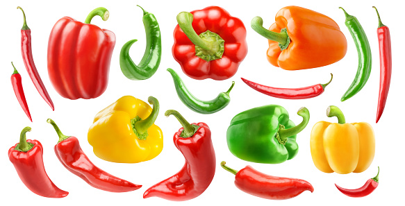 Various species of peppers, collection isolated on white background