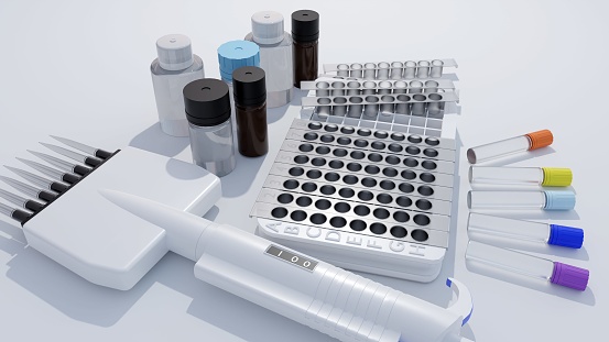 Enzyme-linked immunosorbent assay (ELISA) kits removeable plate strips, reagents, ultrasensitive biomarker detection and 8 channel micropipette 3d rendering