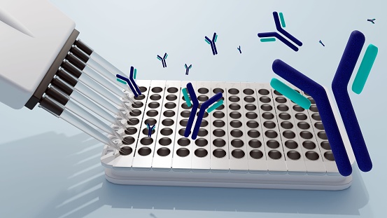 Close-up 3D rendering of ELISA kits with removable plate strips, an 8-channel micropipette, and scattered floating antibody molecules