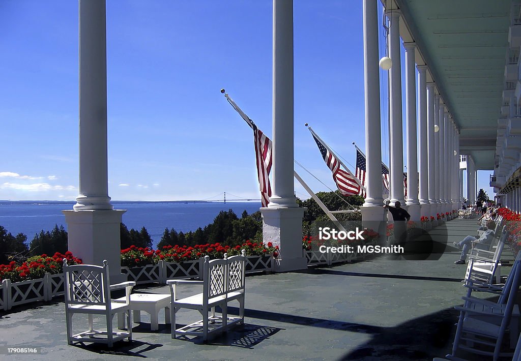 Vast front porch of the Grand Hotel World's longest porch at the century old Grand Hotel on Mackinac Island, Micihigan Mackinac Island Stock Photo