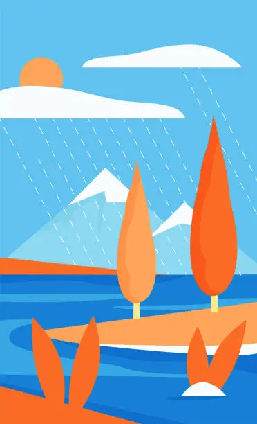 Vector illustration of Abstract minimalist river landscape of autumn rainy scene with orange tree and grass, mountains on horizon