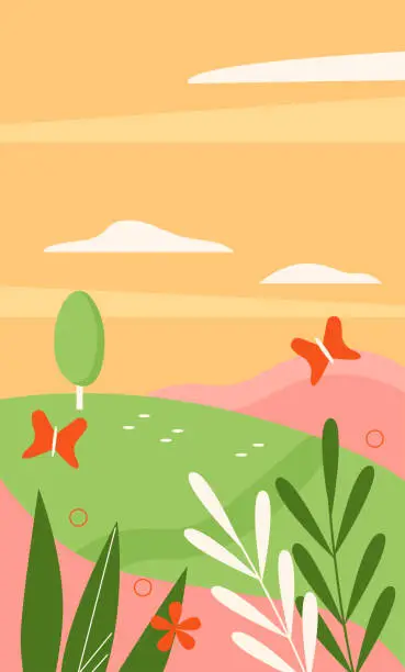 Vector illustration of Abstract spring scenery with silhouettes of plants, tree and flying butterfly
