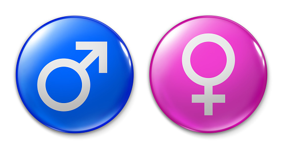 Two badges with male and female symbol.