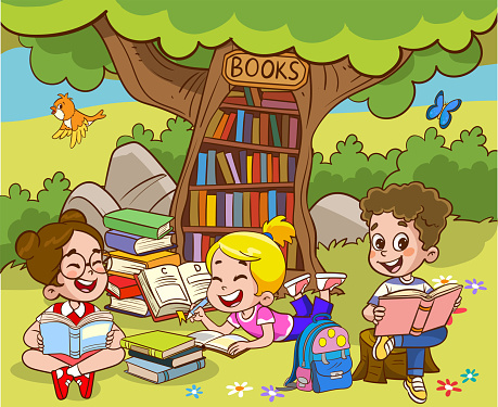 Book reader, cute woodland life and back to school classy vector scene.Books day, outdoor library for smart animals and children.