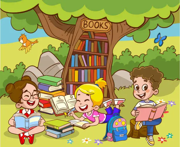 Vector illustration of Book reader, cute woodland life and back to school classy vector scene.Books day, outdoor library for smart animals and children.