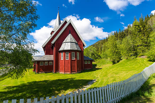 Red Stave Church on a Sunny Day stock photo