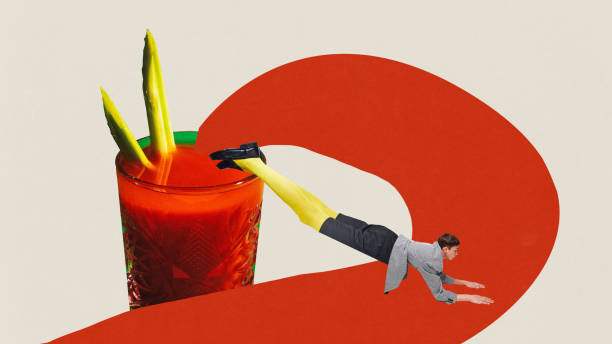 istock Poster. Contemporary art collage. Modern creative artwork. Odd man with long legs lying in red liquid puts legs on glass of tequila. 1790864403