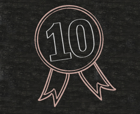 Award ribbon ten place with red ribbon written on blackboard background