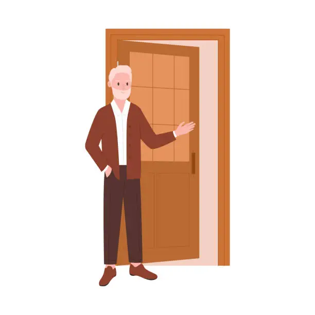 Vector illustration of Elderly man with beard inviting entry, pointing to open brown door