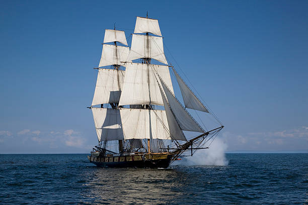Tall ship sailing on blue waters with cannons firing A brig or brigantine sailing on blue waters firing cannonsOther views and ships: jib stock pictures, royalty-free photos & images