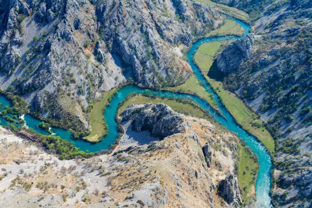 Aerial view of the confluence of  of the Krupa and Zrmanja Rivers and their canyons, Croatia